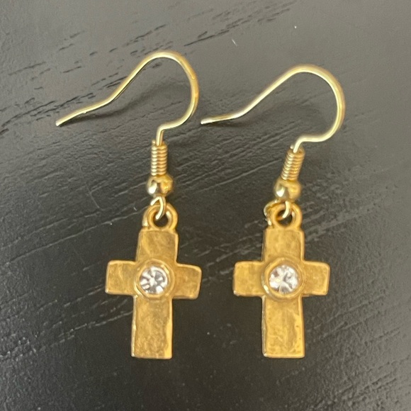 NWT Gold Cross Dangle Earrings with Clear Rhinestone - Handmade - Picture 2 of 5